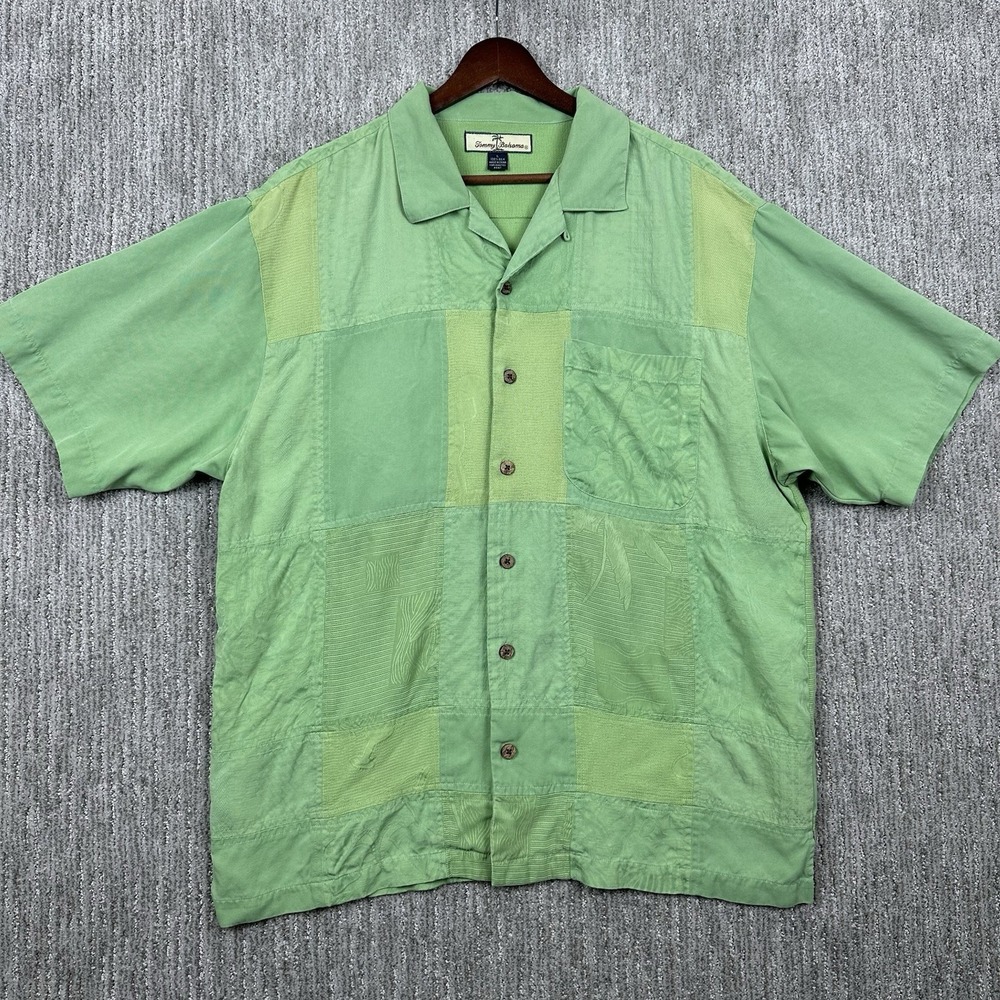 Tommy Bahama Silk Hawaiian Floral Patchwork Shirt Mens Large Green Button Casual